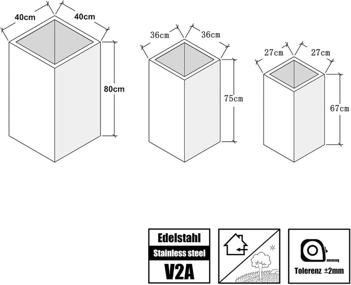 Köhko® Designer-Pflanzkübel aus Edelstahl Viva 27 x 27 x 67 cm | matt gebürsteter Blumengefäss eckig