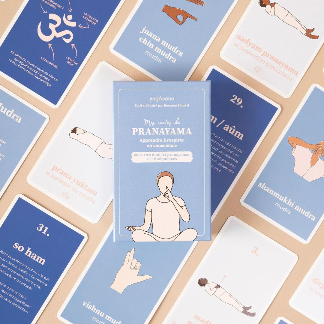 Yogasana Pranayama Kartenspiel, französisches Kartenspiel, 60 Karten – Lerne mit Bewusstsein zu atme