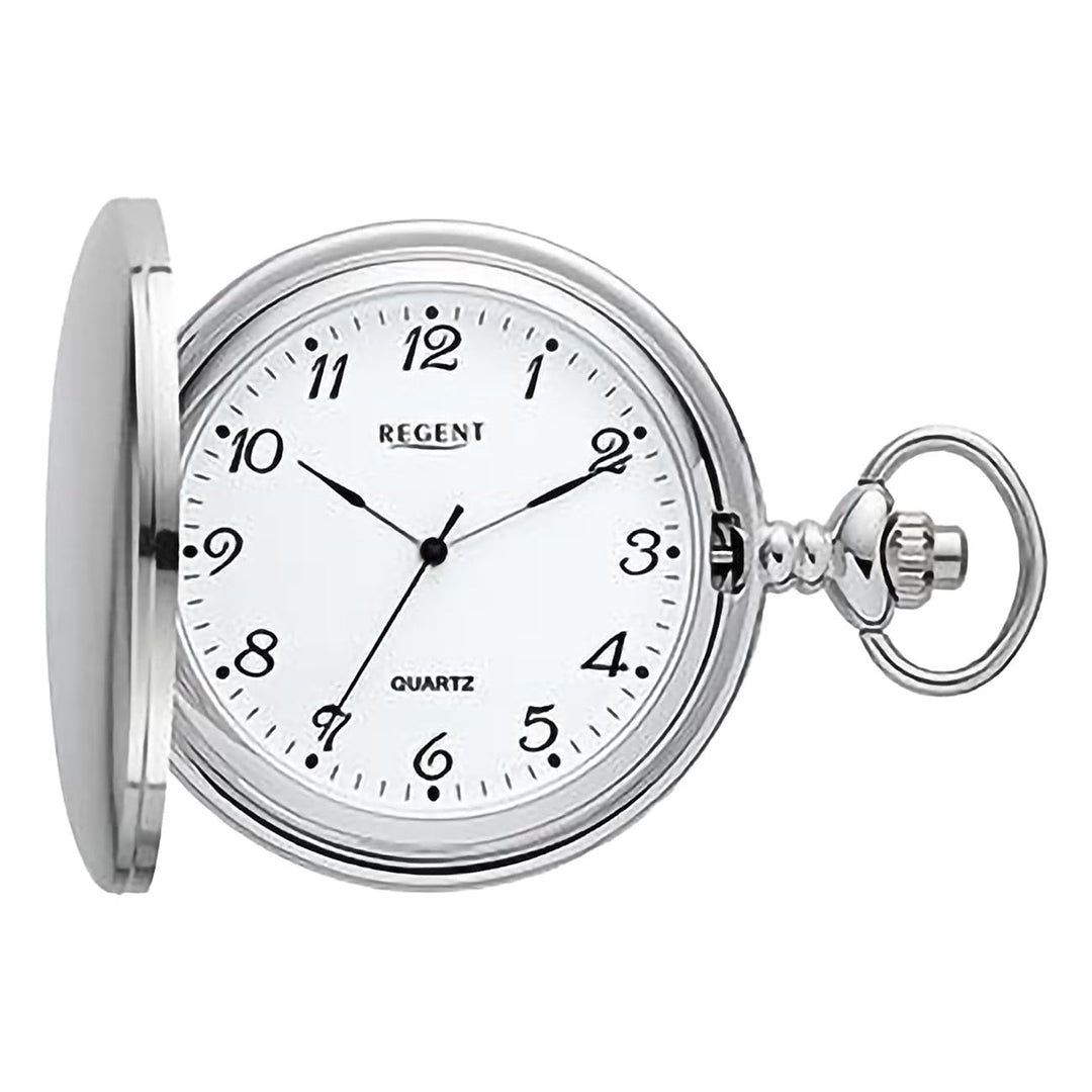 REGENT Herren Taschenuhr Savonnette Klappdeckel 47 MM Quarz Weisses Zifferblatt Arabische Zahlen P-7