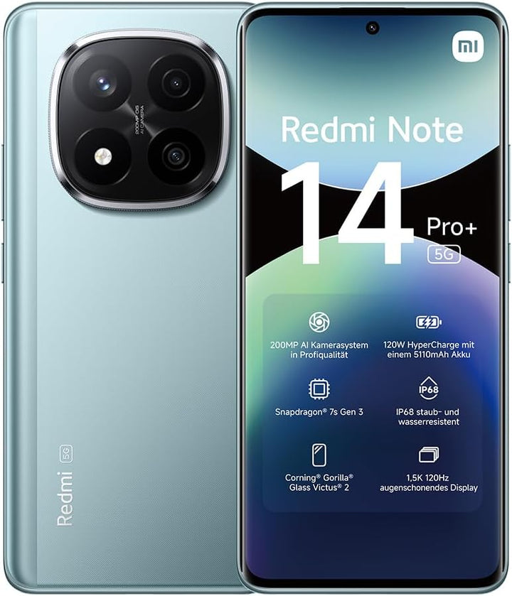 Xiaomi Redmi Note 14 Pro+ 5G Smartphone, 12 + 512GB, Blue, 200MP professionelle AI-Kamera, IP68, 120