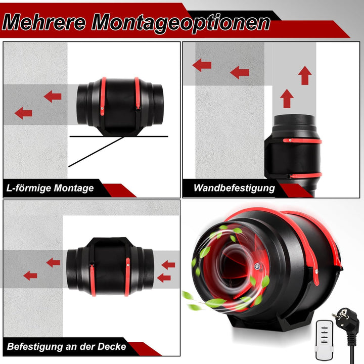 150mm Rauchabzug Rohrventilator, 540m³/h Abluftventilator, Inline-Kanalventilator mit Fernsteuerung,