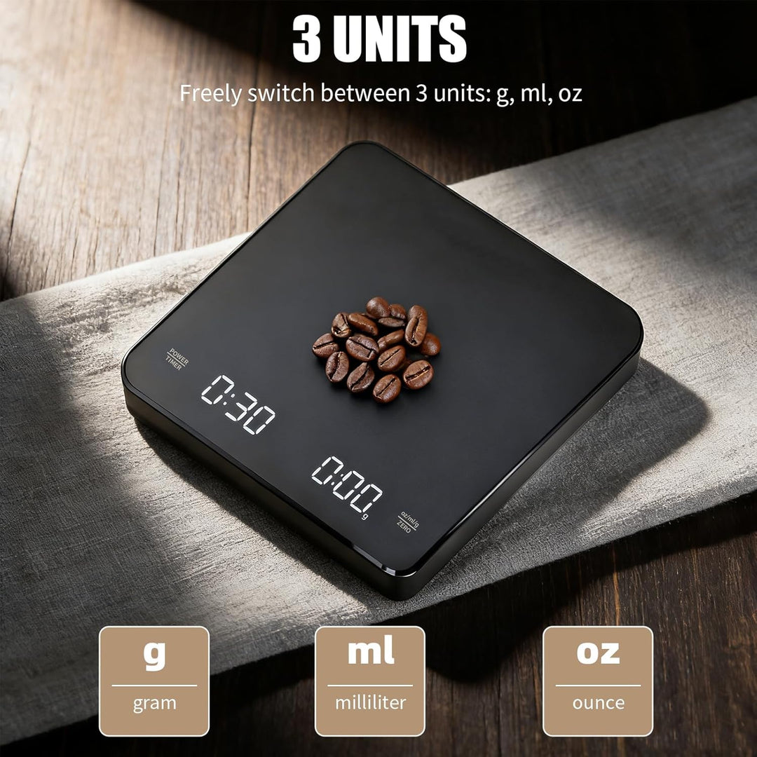 Kaffeewaage mit Timer, 3kg/0.1g Wiederaufladbare Digitale Küchenwaage, Tragbar mit LED-Anzeige & Aut