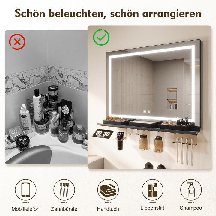 SONNI Badspiegel mit Beleuchtung 80x60cm + 80cm Ablage, Touch Badezimmerspiegel 3 Lichtfarben, Anti-