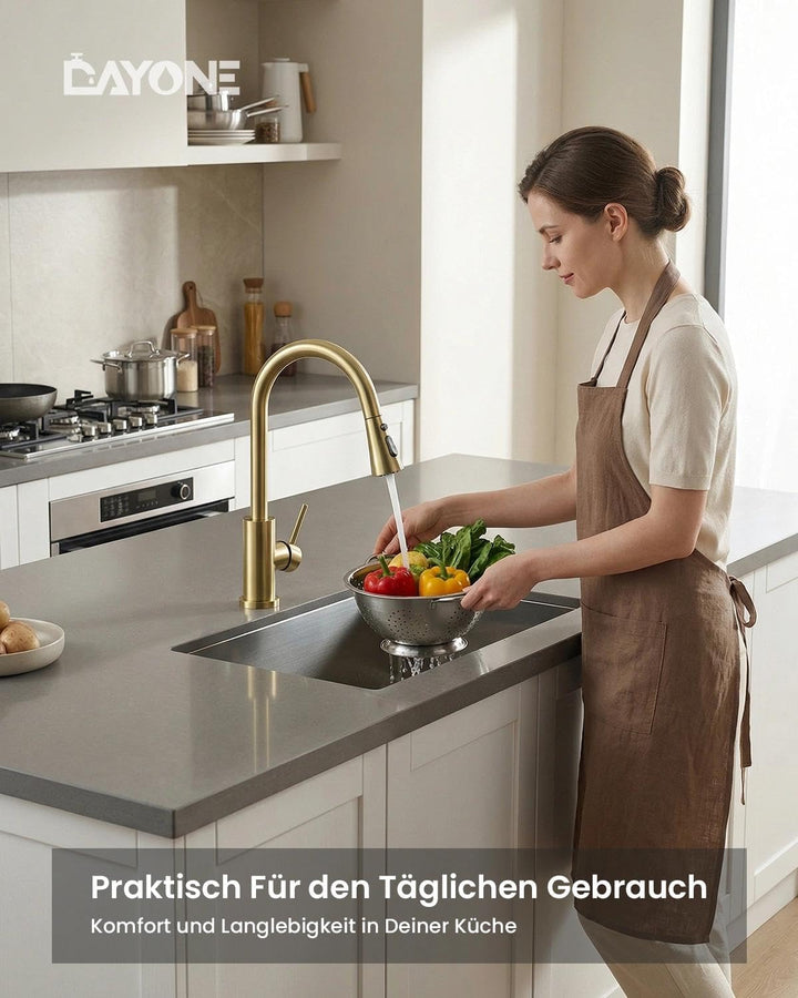 DAYONE Gold Niederdruck Küchenarmatur, SUS304 Edelstahl Wasserhahn Küche mit Ausziehbarer 3-Strahl-B