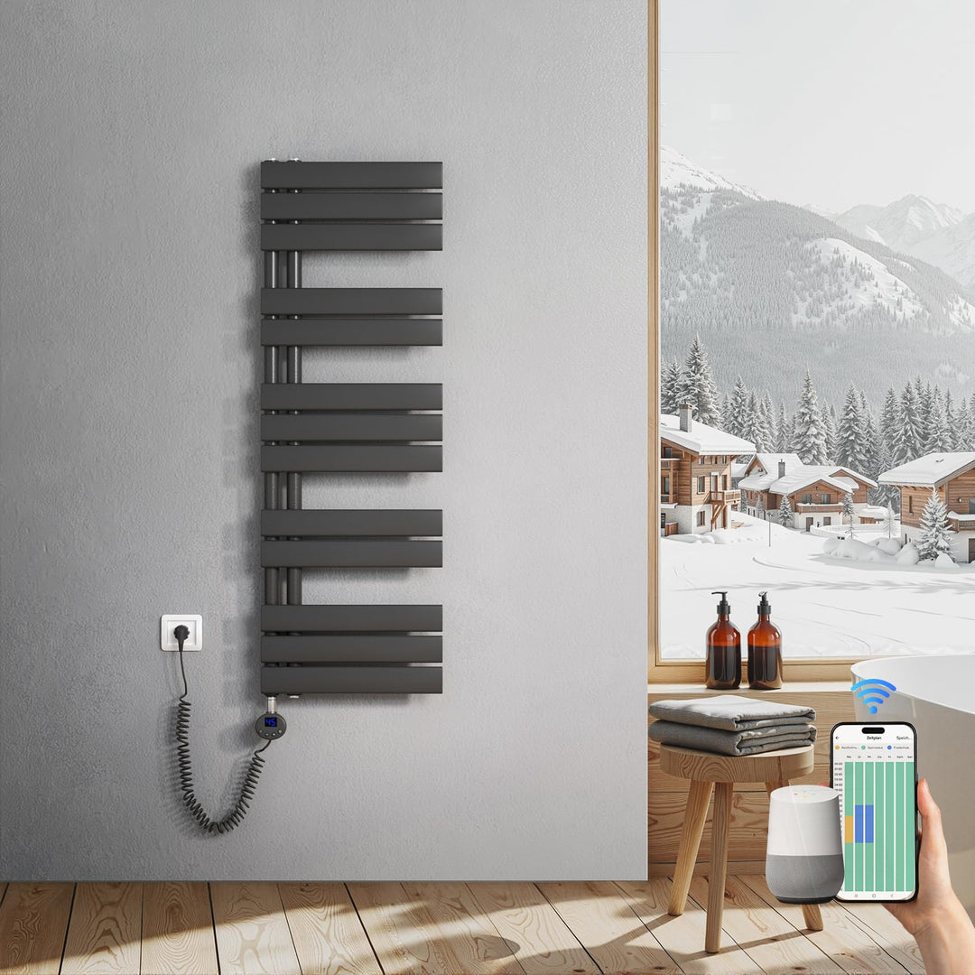 Heilmetz Badheizkörper Elektrisch 1176 x 400mm Anthrazit mit WIFI Smart Heizstab 600W, Flach Handtuc