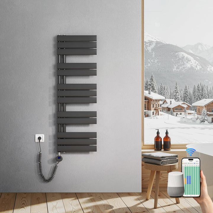 Heilmetz Badheizkörper Elektrisch 1176 x 400mm Anthrazit mit WIFI Smart Heizstab 600W, Flach Handtuc
