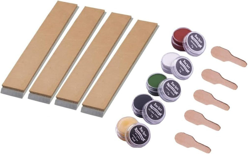 Bacher Messerschärf-System Abziehleder – Set 4X Streichriemen + 4X Abziehpaste und Lederbalsam– für