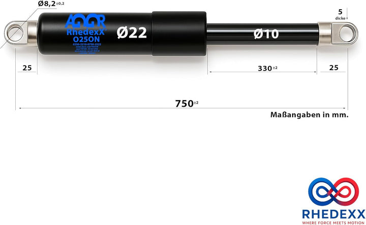 Gasdruckfeder Gelenkauge 750mm/330mm/650N RhedexX® Gasdruckdämpfer Gasfeder mit M8 Gewinde Augenaufn