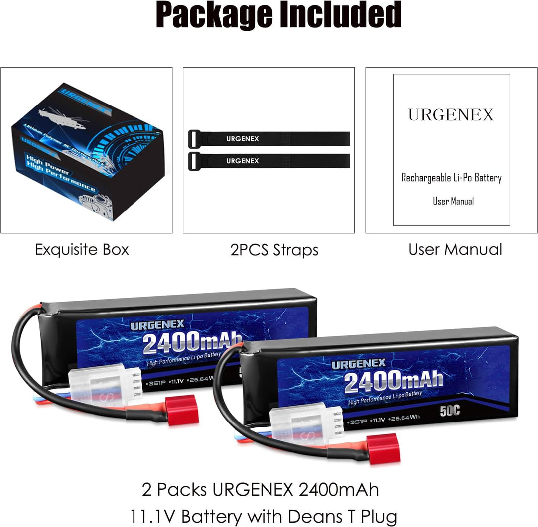 URGENEX 11.1V 2400mAh Lipo Battery 50C High Discharge Rate 3S RC Batteries with Deans T Plug Fit for