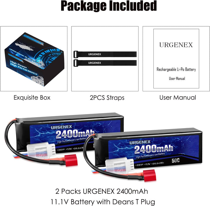 URGENEX 11.1V 2400mAh Lipo Battery 50C High Discharge Rate 3S RC Batteries with Deans T Plug Fit for