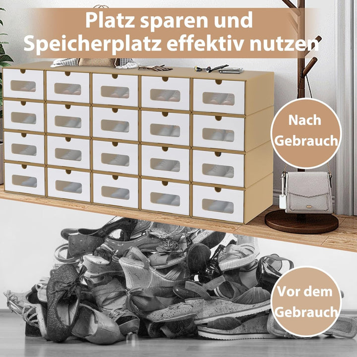 AufuN 20er Stapelbar Schuhboxen aus Kraftpapier mit Deckel & Transparent Sichtfenster, Praktische Sc