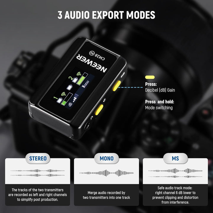 NEEWER CM28 Kabelloses Lavalier Mikrofonsystem mit Ladeetui, 1 klick Rauschunterdrückung, 4GB Speich