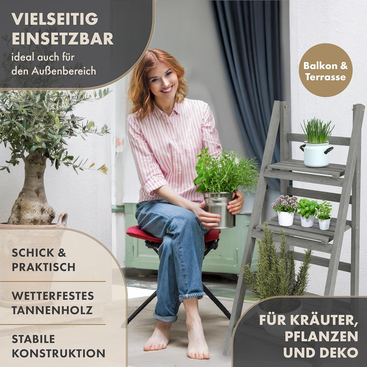 Blumenleiter Flower Ladder M 108x41x40cm hellgrau - 3-Ebenen Natur Holz Leiterregal Blumentreppe Blu