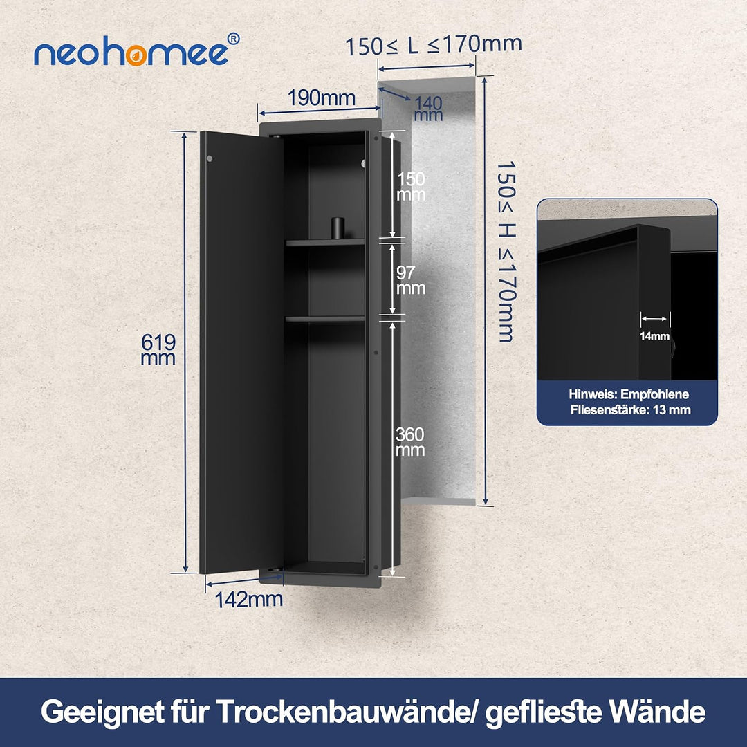 Unterputz Toilettenpapierhalter Edelstahl 304 mit Befliesbarer Tür, Schwarz, Schwarz