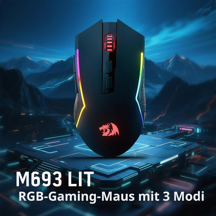 Redragon M693 LIT Kabellose Gaming-Maus, 12800 DPI-Mäuse mit 3-Modus-Verbindung, BT &amp; 2,4G kabellos,
