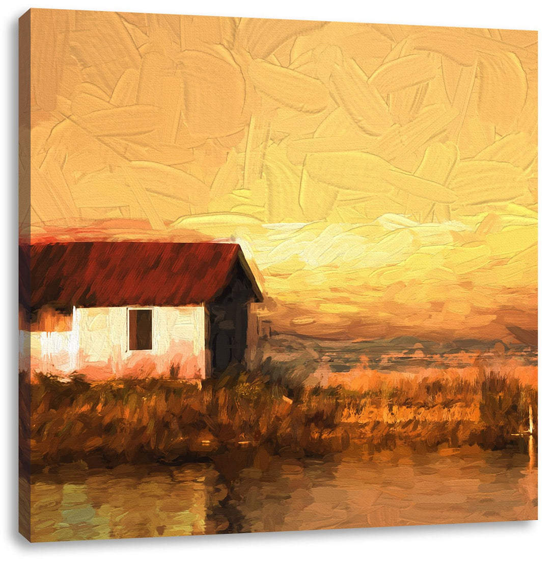 Pixxprint Haus am See bei Sonnenuntergang als Leinwandbild/Grösse: 70x70 cm/Wandbild/Kunstdruck/fert