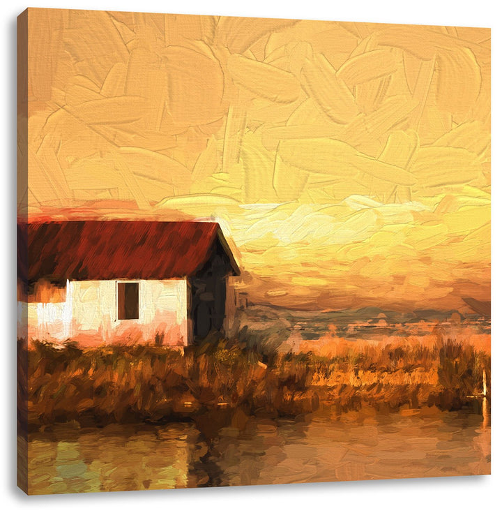 Pixxprint Haus am See bei Sonnenuntergang als Leinwandbild/Grösse: 70x70 cm/Wandbild/Kunstdruck/fert