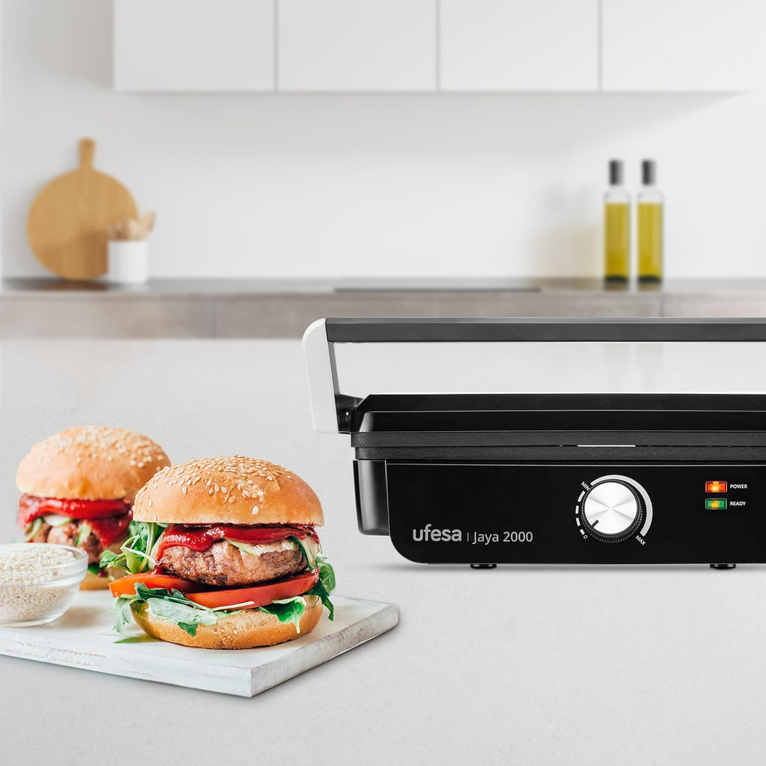 Ufesa Elektrogrill Jaya 2000W – Sandwichmaker, Elektrische Kochplatte und Grill, 180º Öffnung, Tempe