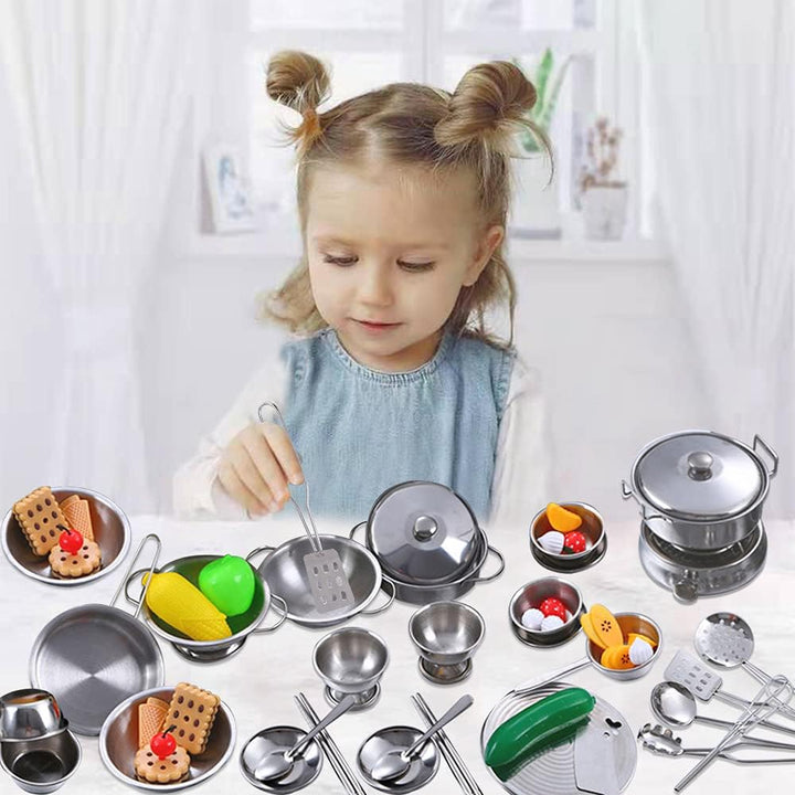 Kinder Spielen Küche Zubehör mit Töpfen und Pfannen Playset, Mini-Edelstahl-Küche vorgeben Spielen S