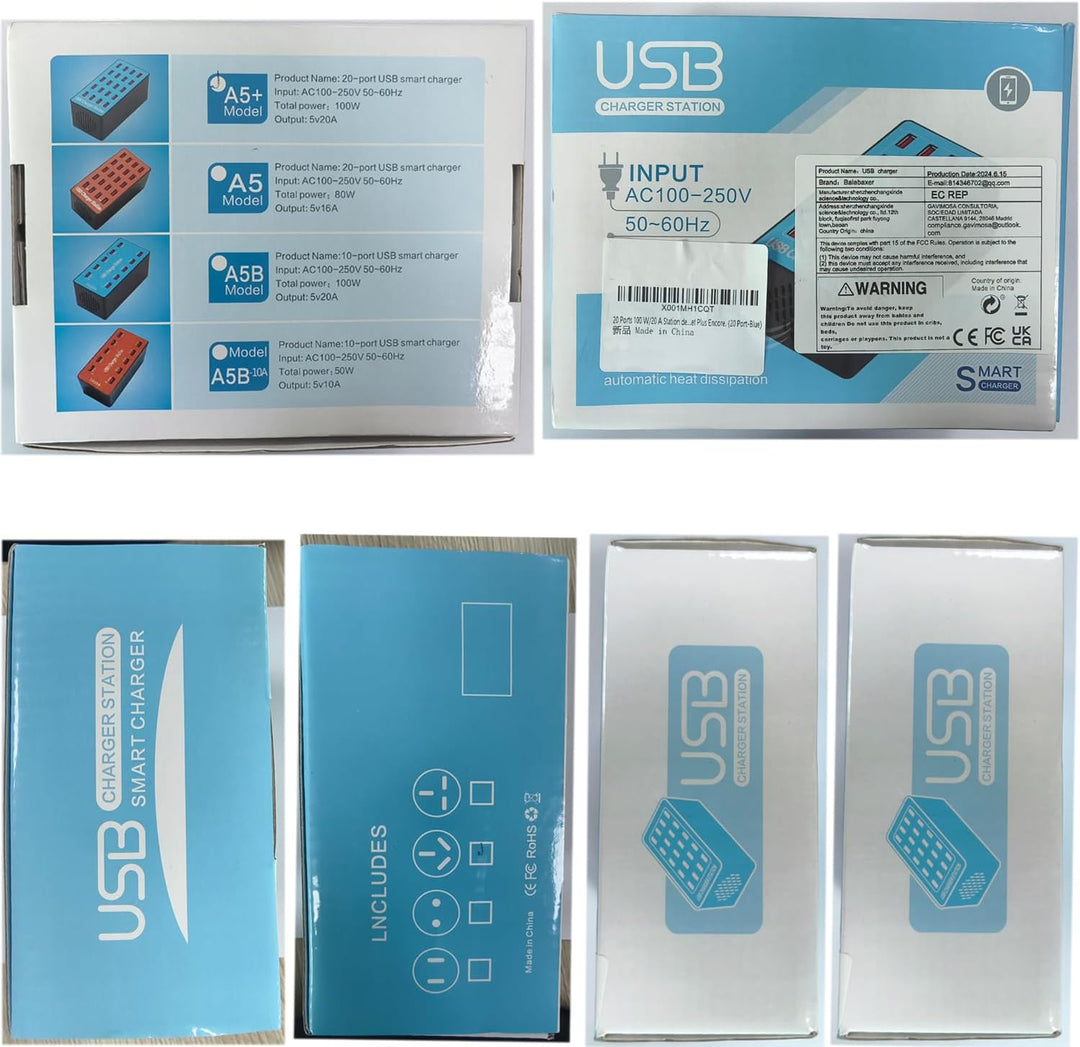 20 Ports 100 W/20 A USB Ladestation Multi-Geräte für Büro, Apple, Smartphones und mehr (20 Port-Blue