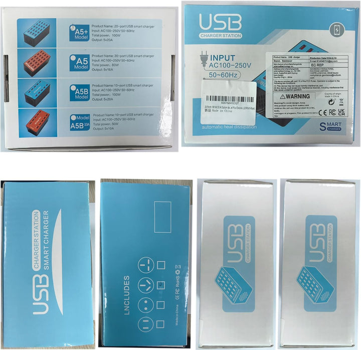 20 Ports 100 W/20 A USB Ladestation Multi-Geräte für Büro, Apple, Smartphones und mehr (20 Port-Blue