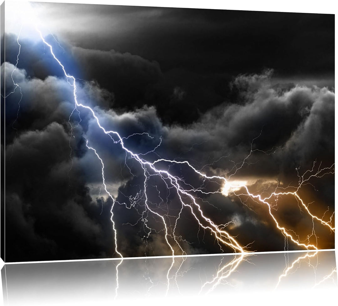 Blitze am Himmel schwarz/weiss Format: 100x70 auf Leinwand, XXL riesige Bilder fertig gerahmt mit Ke
