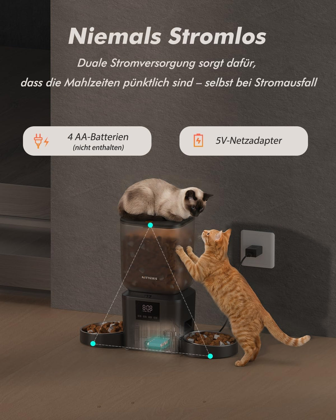 Futterautomat Katze 2 Näpfe für Katzen &amp; Hunde, mit 2 Edelstahlnäpfen | 8L katzenfutterautomat, 2-18