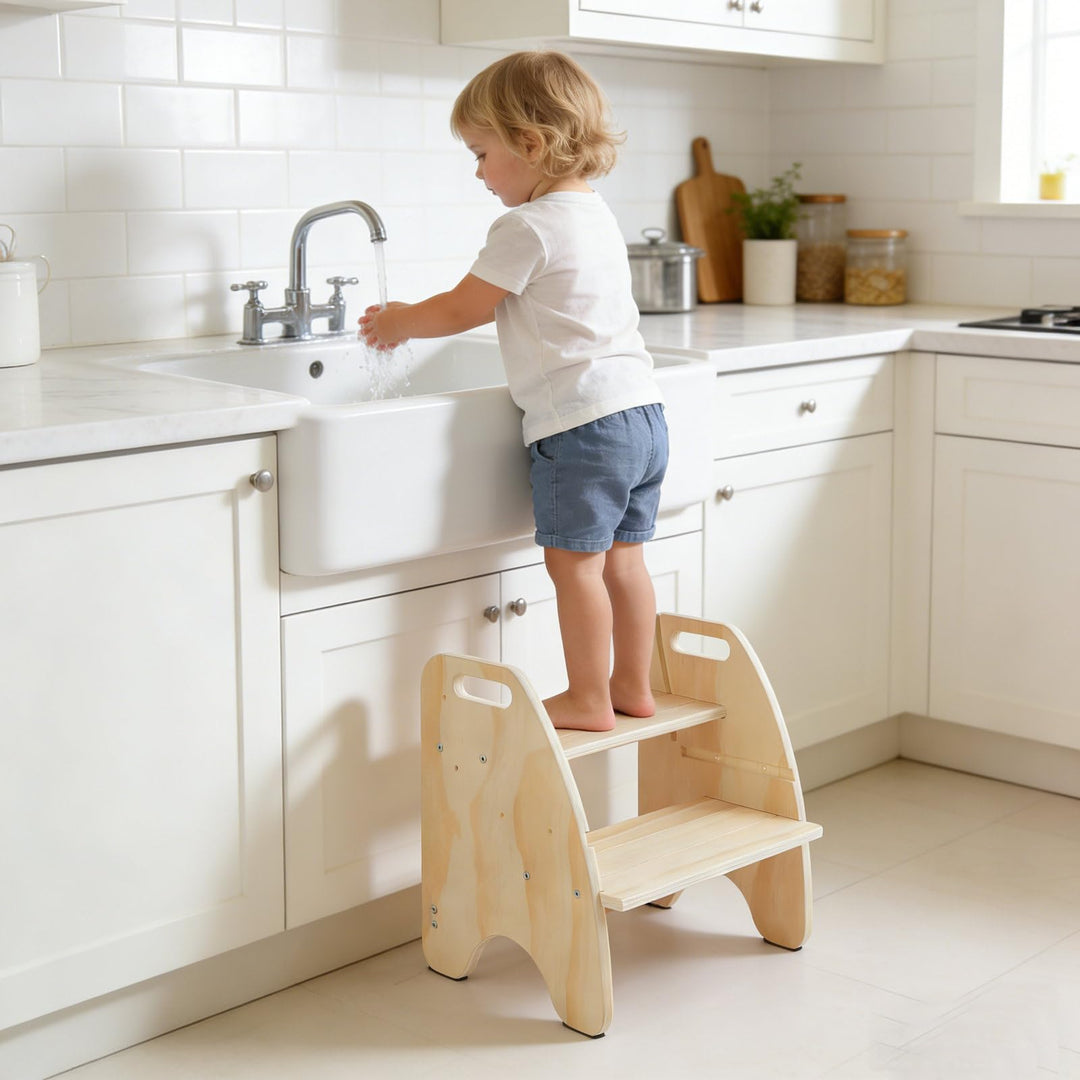 Comfoyar Tritthocker Kinder Holz, 2 Stufenhocker für Kinder mit Griff und Rutschschutzkissen, Cabrio