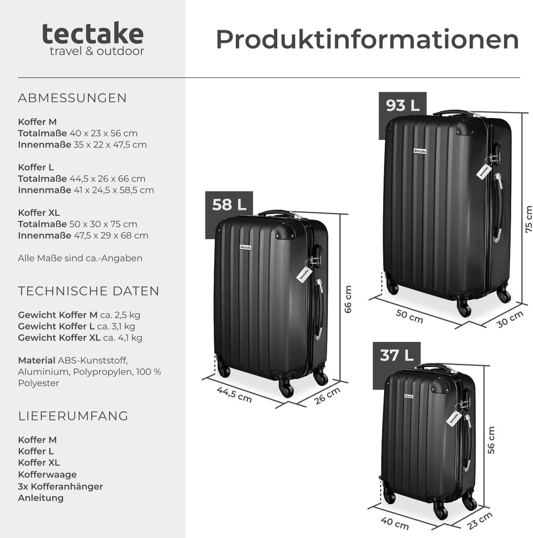 tectake® 3er Kofferset mit Kofferwaage & Kofferanhänger, Reisekoffer Set, ABS Hartschalenkoffer Set,