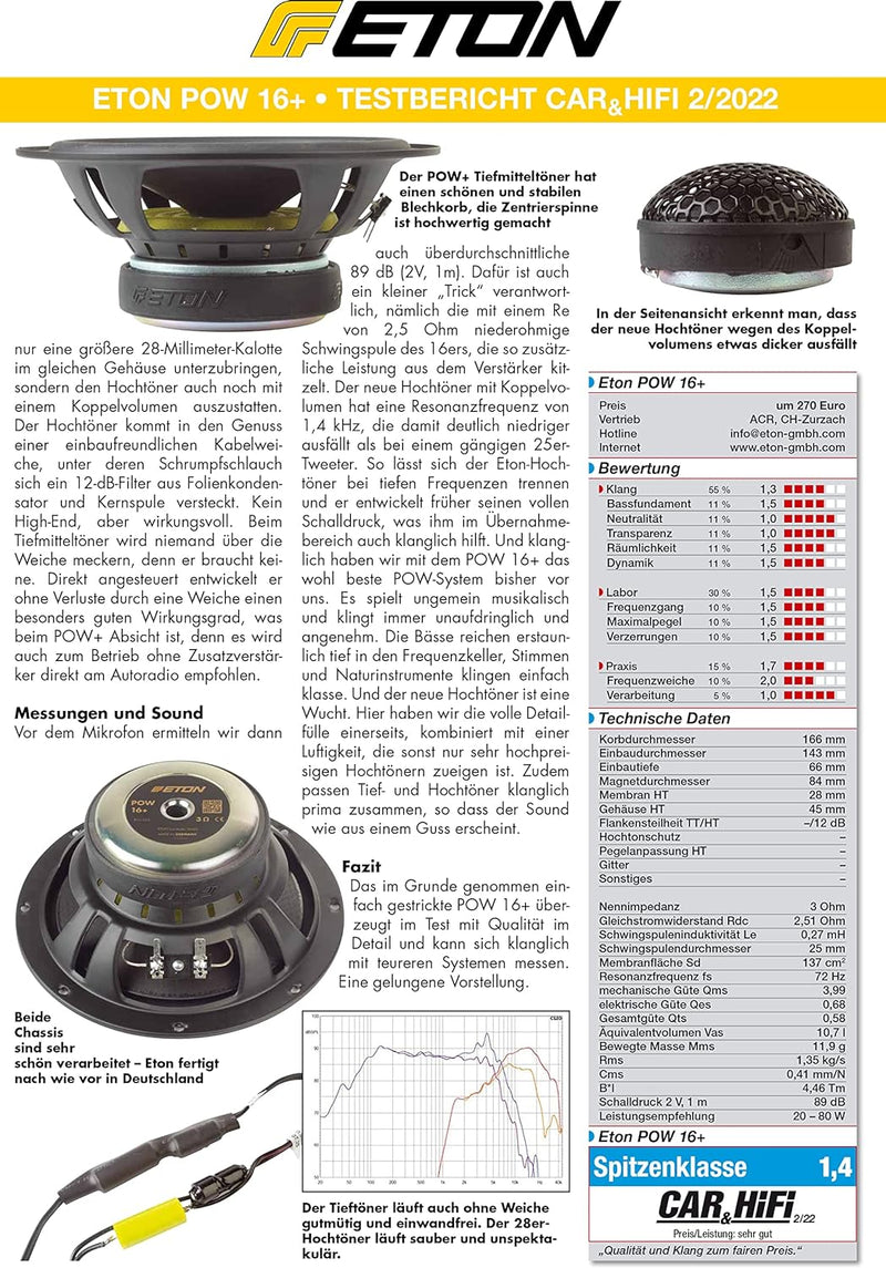ETON POW 16+ – 16,5 cm / 6,5 Zoll 2-Wege Komponenten System, Auto Lautsprecher Made in Germany, 100
