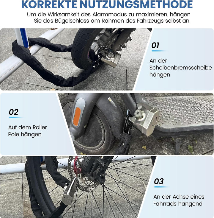 Fahrradschloss mit Alarm 130DB,Kettenschloss Fahrrad Alarmanlage 100cm*12mm mit Mini Bügelschloss, S