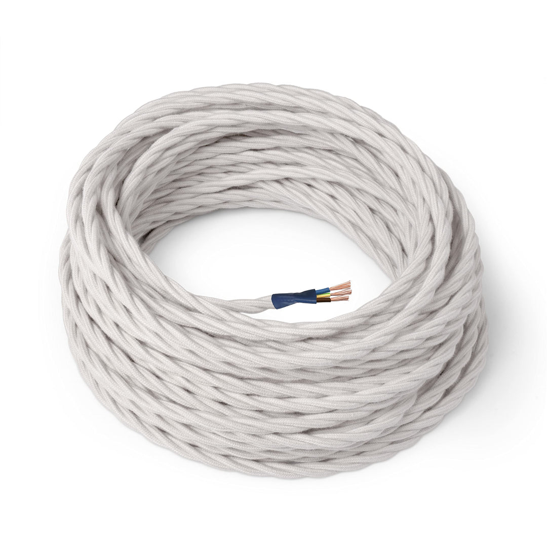 Amarcords - Textilkabel für Lampen WEISS, geflochten, Baumwolle, 10 Meter, mit Erdung 3x0,75 - Stoff