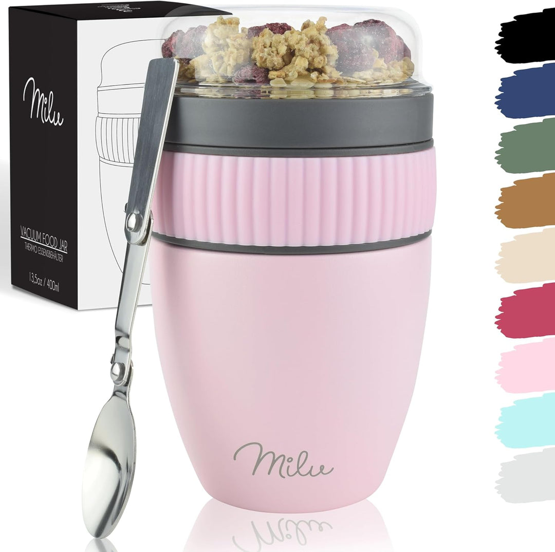 Milu Müslibecher to go 400ml I isolierter Edelstahl Joghurtbecher für Müsli I auslaufsicherer Becher