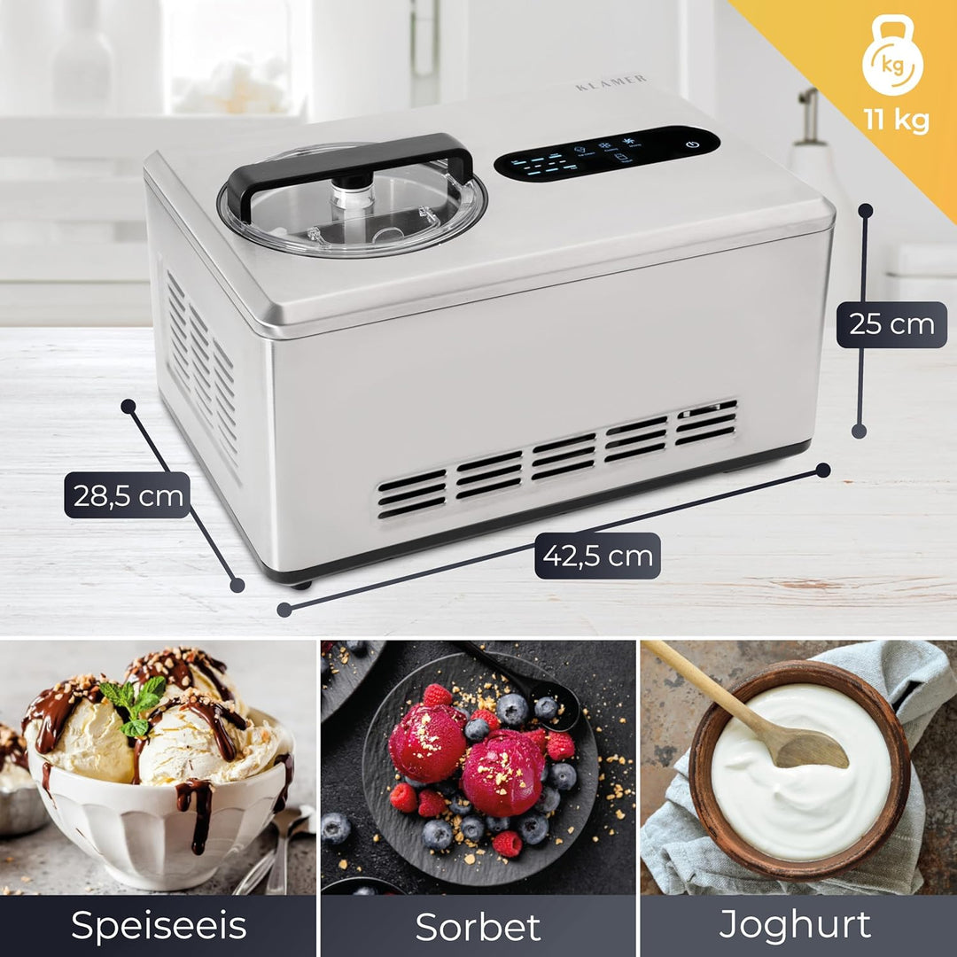 KLAMER 2-in-1 Eismaschine & Joghurtbereiter 2 L, 220 W Eiscrememaschine aus Edelstahl mit Kühl- und
