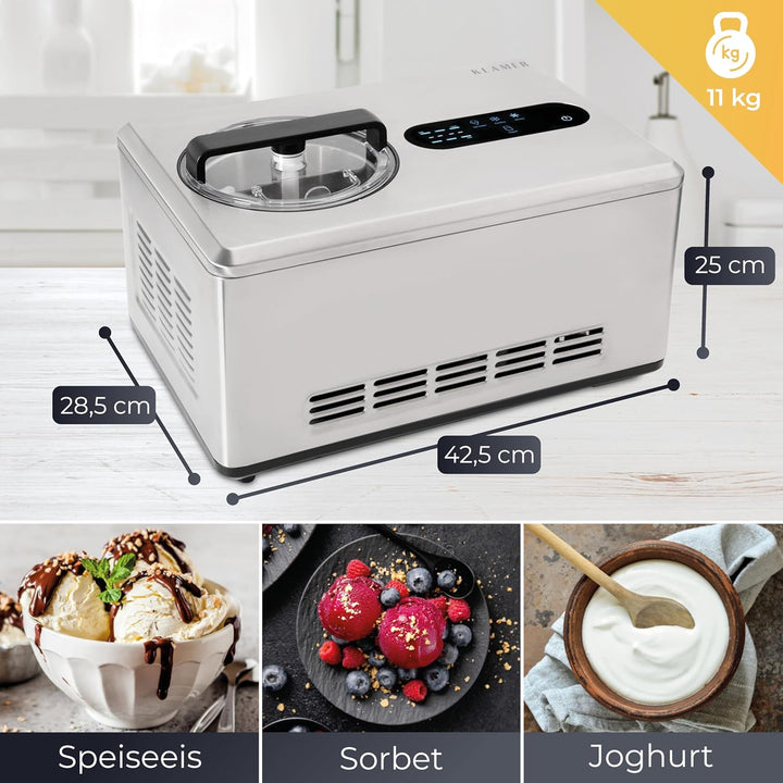 KLAMER 2-in-1 Eismaschine & Joghurtbereiter 2 L, 220 W Eiscrememaschine aus Edelstahl mit Kühl- und