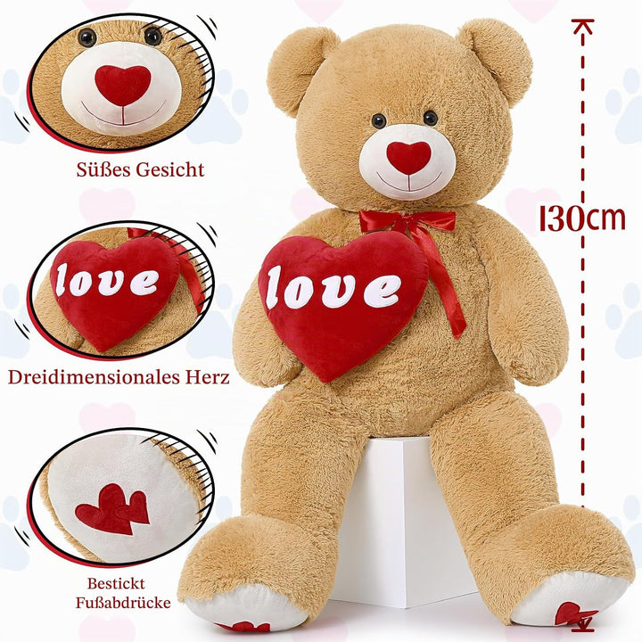 MorisMos 1.3m riesen teddybär, Hellbraun grosser teddybären Kuscheltier XXL teddys, Valentinstag dek