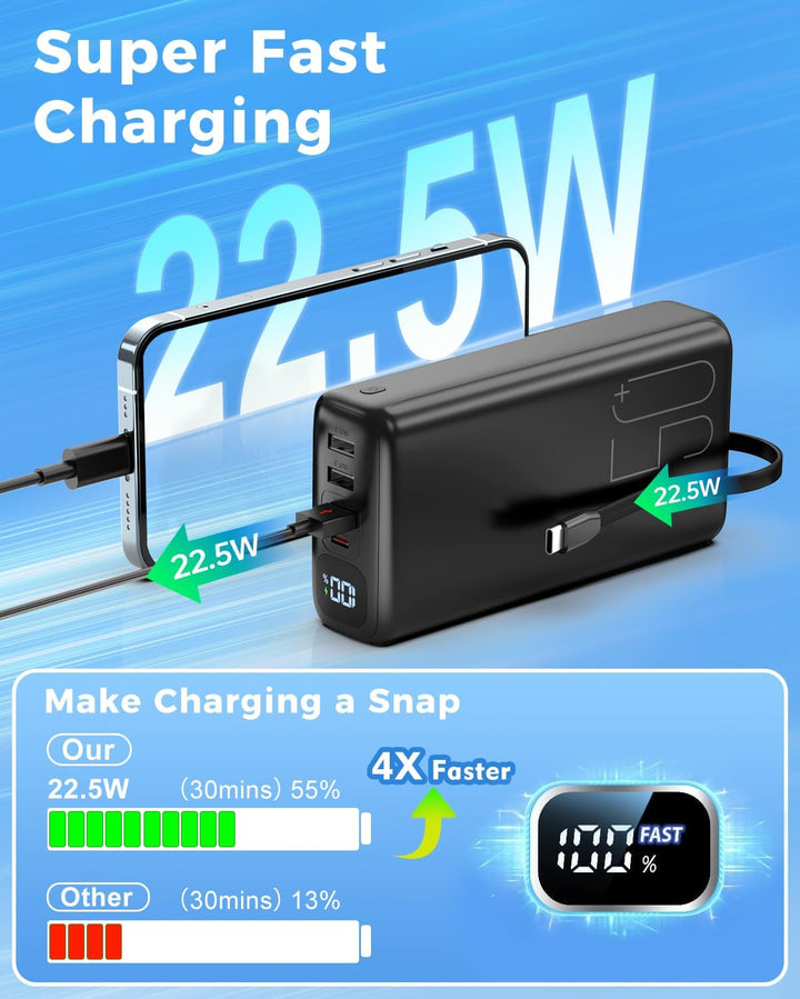Powerbank 51000mAh, 22,5W Schnellladung Externer Akku integriertem Kabel Schwarz-01, Schwarz-01