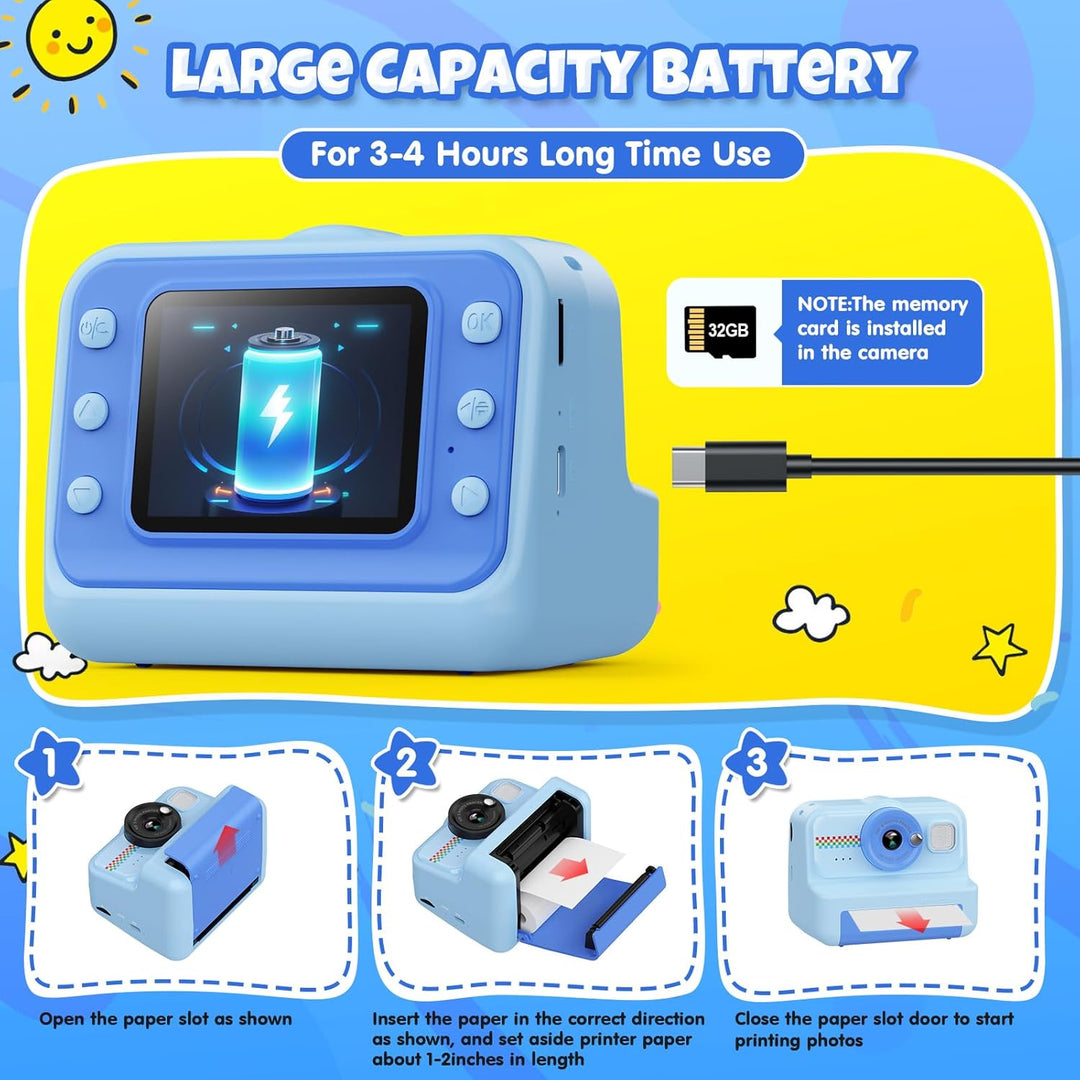 HiMont Kinderkamera Sofortbildkamera, 1080P Sofortbildkamera Kinder mit 32GB Karte & 3 Rollen Druckp