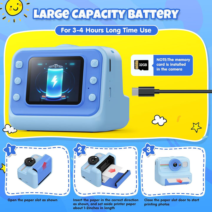 HiMont Kinderkamera Sofortbildkamera, 1080P Sofortbildkamera Kinder mit 32GB Karte & 3 Rollen Druckp