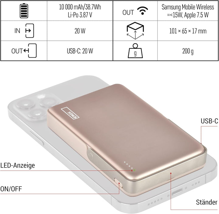 EMOS - Powerbank 10 000 mAh WI 1031 mit Magnet - magnetischer externer Akku mit Passthrough und Wire