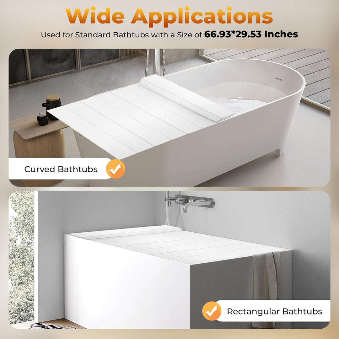 Faltbare Badewannenabdeckung, Weiss Holzoptik, 170x75cm, PVC, bis 5kg | Isoliert Badewasser, robust