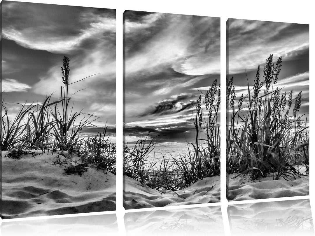 Pixxprint Monocrome, Gras am Strand bei Sonnenuntergang 3-Teiler Leinwandbild 120x80 Bild auf Leinwa