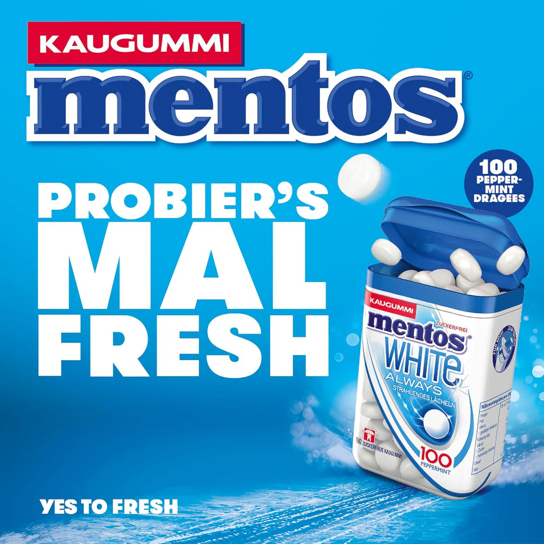 Mentos Kaugummi Always White, 8 XL-Dosen zuckerfreie Chewing Gum Dragees à 100 Stück mit Pfefferminz