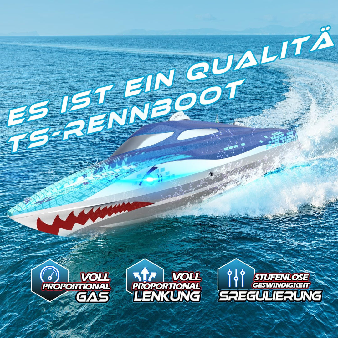 DEERC RC Boot mit LED-Licht,ferngesteuertes Haiboot für Pools und Seen, 20+ km/h RC-Boot, 2,4-GHz-Re