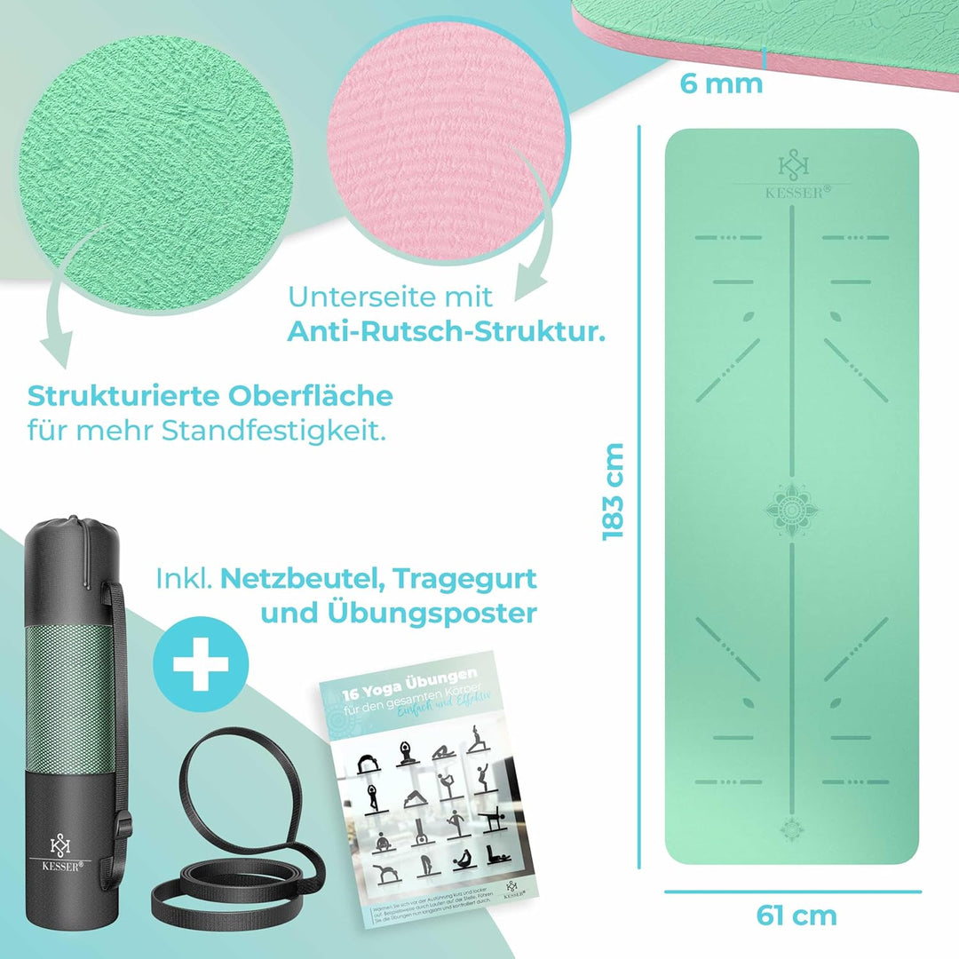 KESSER® Gymnastikmatte mit Tragegurt rutschfest TPE Yogamatte Gepolstert &amp; rutschfest Fitnessmatte,