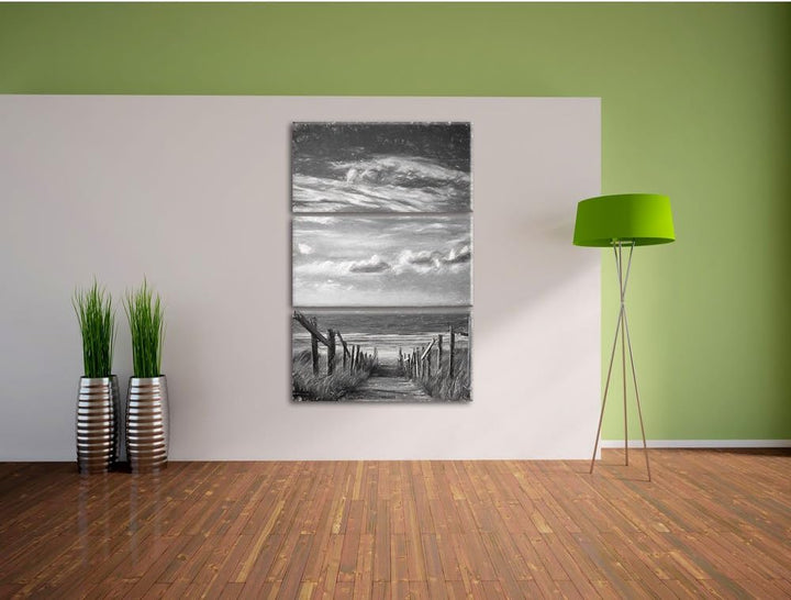 Pixxprint Weg zum Strand am Meer Kunst / 3-Teilig/Gesamtmass 120cm Leinwandbild bespannt auf Holzrah