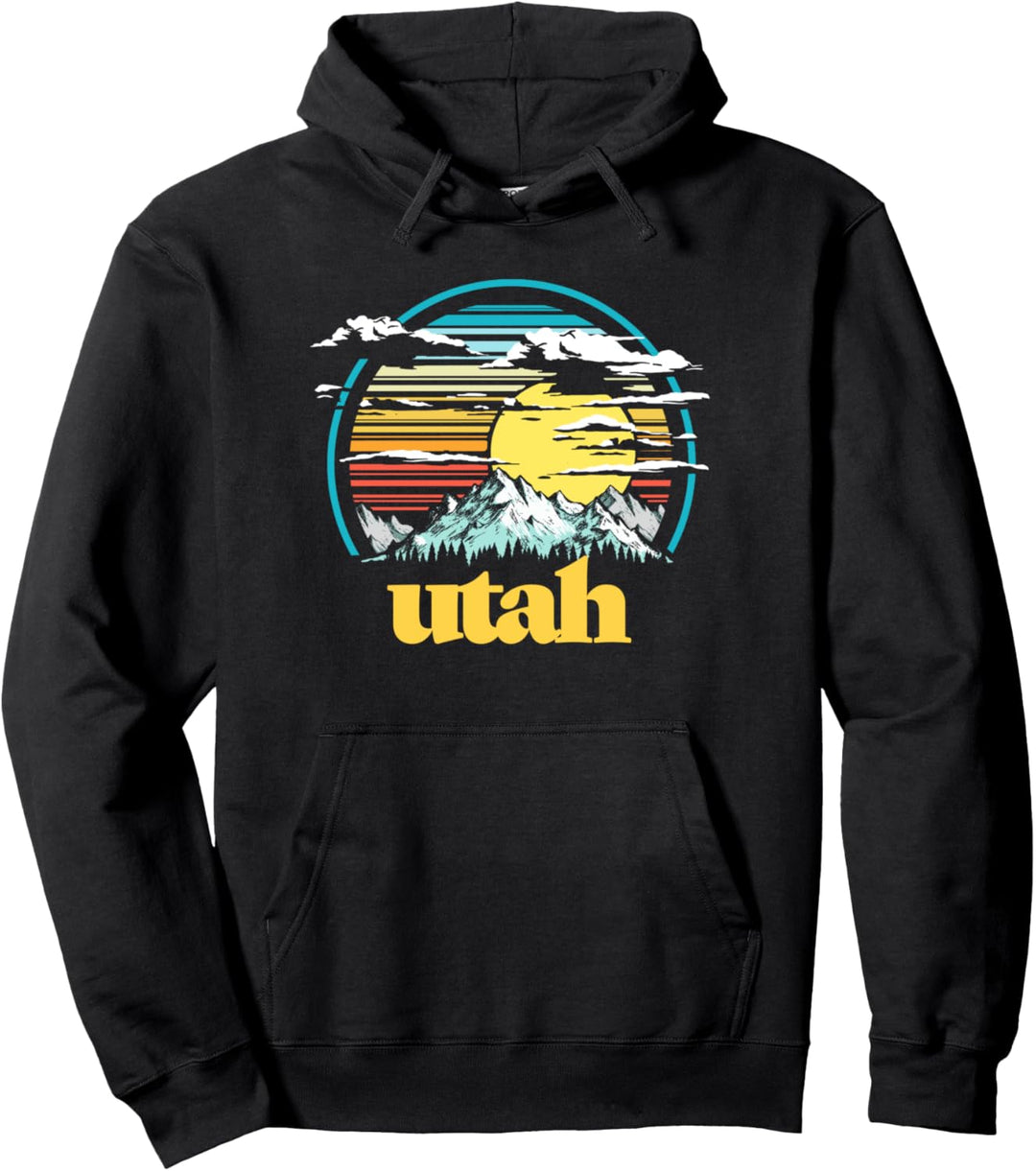 Retro State of Utah Vintage 80s Style Mountains & Sun Pullover Hoodie