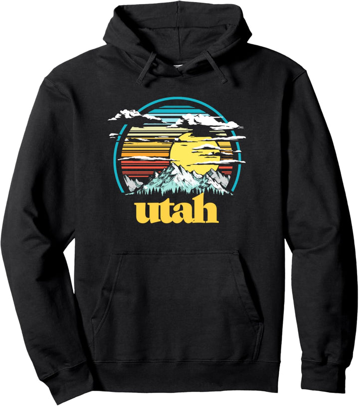 Retro State of Utah Vintage 80s Style Mountains & Sun Pullover Hoodie