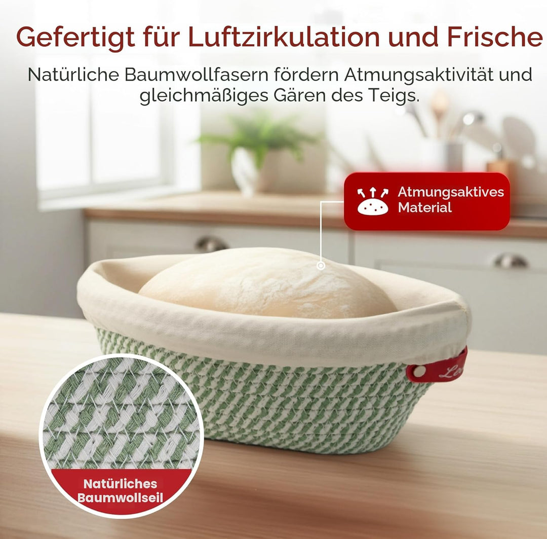 Gärkörbchen & Gärkorb Set Oval und Rund aus Baumwollseil – Banneton Brotbackkorb mit Einlagen und Ab