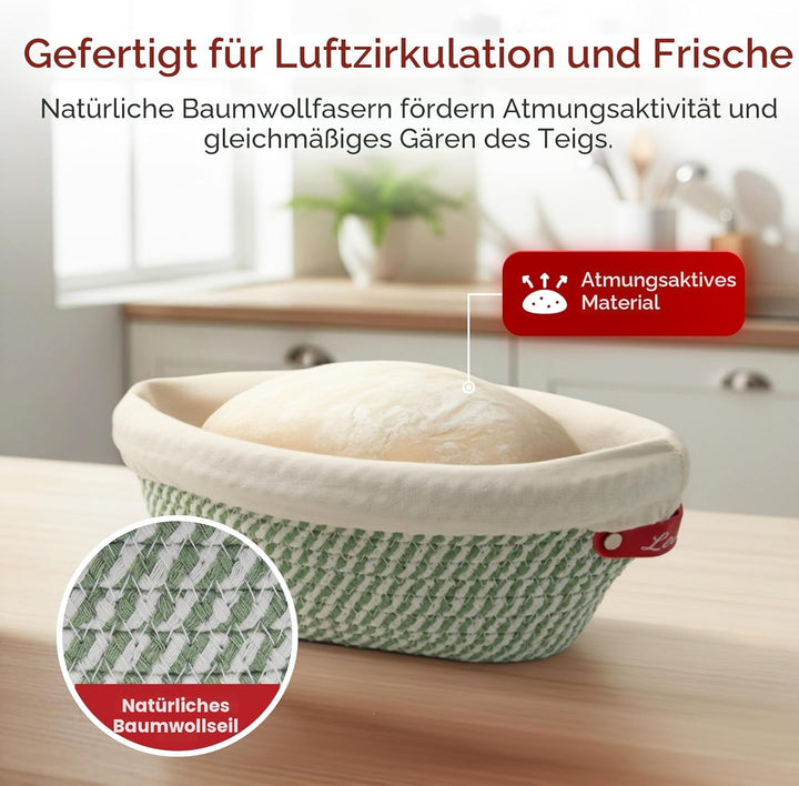 Gärkörbchen & Gärkorb Set Oval und Rund aus Baumwollseil – Banneton Brotbackkorb mit Einlagen und Ab